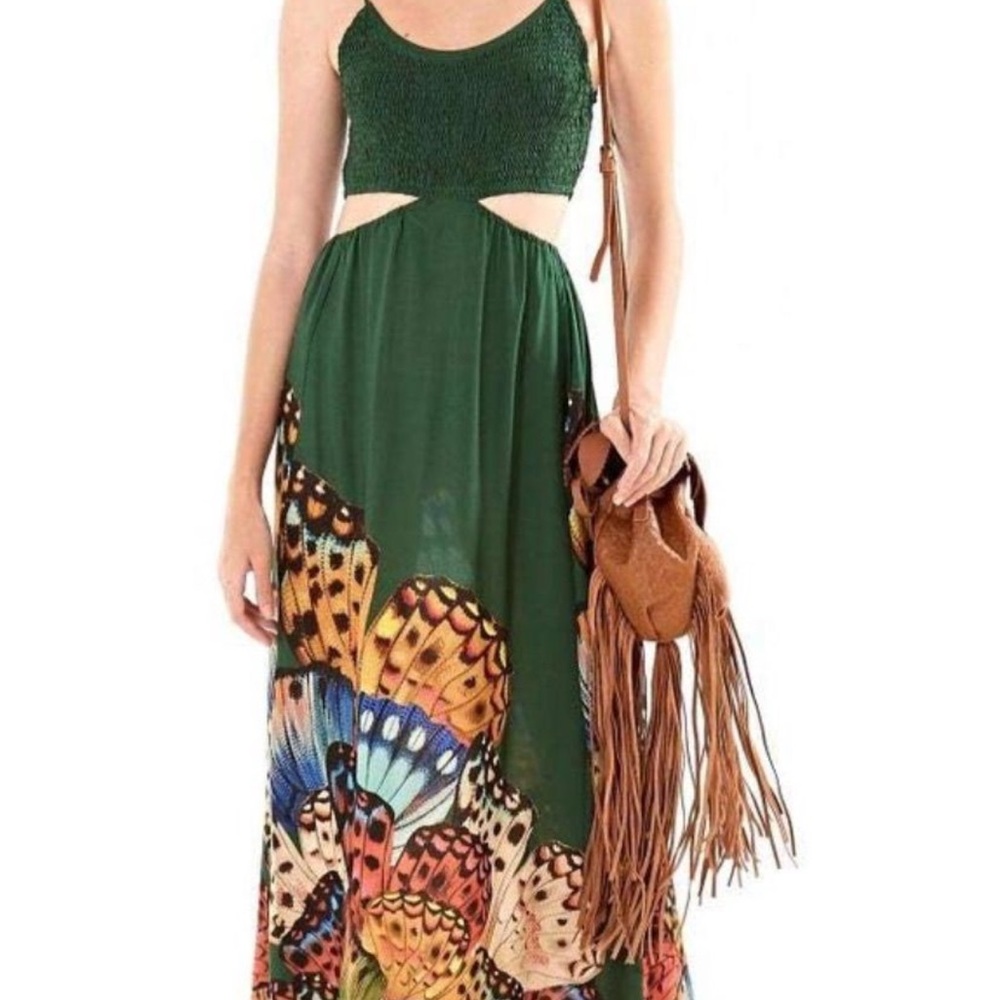 Green Butterfly Print Farm Rio Dress